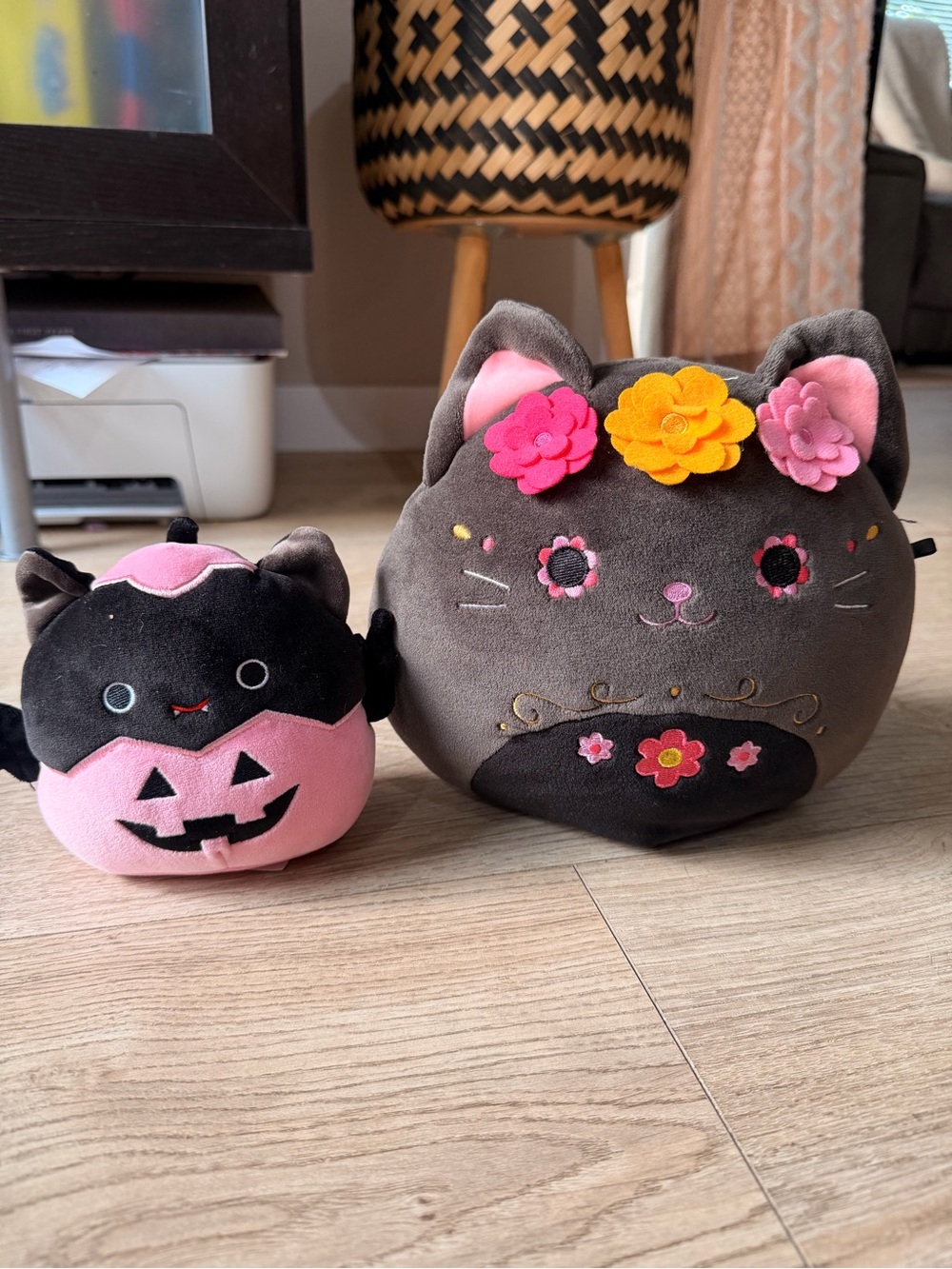 Squishmallows Gray Cat Pillow with Pink & Yellow Floral Accents